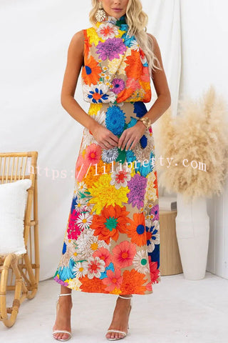 Land of Beauty Floral Print Halter Neck Elastic Waist Party Maxi Dress