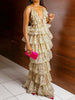 Banquet Spaghetti-Neck Floral Printed Falbala Bordered Maxi Dresses