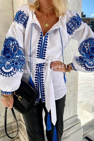 Bay Breeze Ethnic Print Tassel Lantern Sleeve Blouse