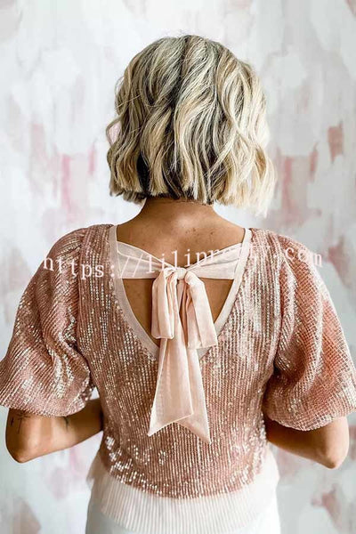 Girly Glam Sequin Bow Design Puff Sleeve Top