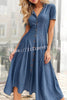 Button Stitched High Waisted Denim Short Sleeved Midi Dress