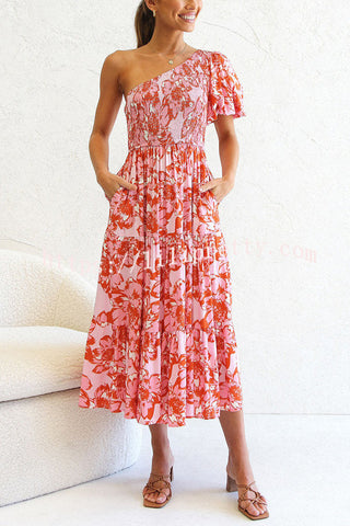 Beautiful Girly Floral Pocketed Smocked Midi Dress