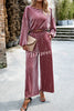 Velvet Long Sleeved Top and Wide Leg Pants Two Piece Set