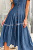 Button Stitched High Waisted Denim Short Sleeved Midi Dress