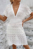 Simple V Neck Wavy Pattern Hollow Short Sleeved Cover Ups
