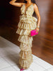 Banquet Spaghetti-Neck Floral Printed Falbala Bordered Maxi Dresses