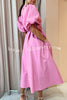 Elegant V Neck Ring Belt Lace Up Puff Sleeve Pocket Midi Dress