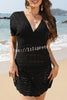 Simple V Neck Wavy Pattern Hollow Short Sleeved Cover Ups