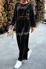 Velvet Long Sleeved Top and Wide Leg Pants Two Piece Set