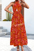 Floral Print Halter Neck Paneled Hollow Pleated Backless Maxi Dress