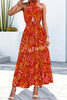Floral Print Halter Neck Paneled Hollow Pleated Backless Maxi Dress