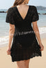 Simple V Neck Wavy Pattern Hollow Short Sleeved Cover Ups