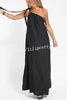 Rustic Linen Blend One Shoulder Lace Up Slit Maxi Dress