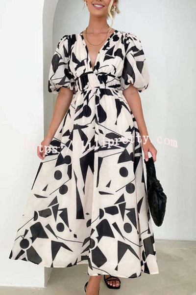 V Neck Multi Print Stretch Waist Hidden Zip Maxi Dress