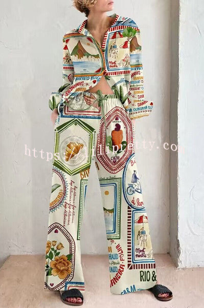 Bring The Comfort Unique Print Oversized Blouse and Elastic Waist Pocketed Pants Set