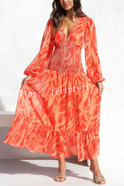 Lorinda Multi Print Smocked Waist Long Sleeve Tiered Maxi Dress