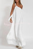 Rustic Linen Blend One Shoulder Lace Up Slit Maxi Dress