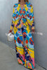 Colorful Art Print Button Wide Leg Pant Suit