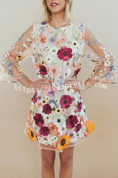 Lilipretty Dahlia Dreaming Embroidered Floral Applique Half Sleeve Mini Dress