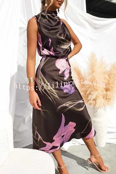 Delightful Charm Satin Floral Print High Neck Midi Dress