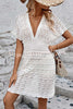 Simple V Neck Wavy Pattern Hollow Short Sleeved Cover Ups
