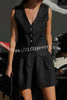 V Neck Sleeveless Single Breasted Top Side Pocket Shorts Set