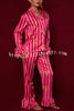 Festive Season Long Candy Stripe Tiered Bell Cuffs Elastic Waist Pocketed Pajama Set