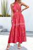 Floral Print Halter Neck Paneled Hollow Pleated Backless Maxi Dress