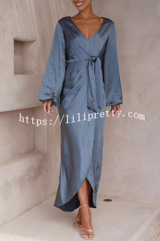 Naomi Satin Strappy V Neck Long Sleeved Wrap Dress