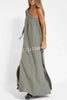 Rustic Linen Blend One Shoulder Lace Up Slit Maxi Dress