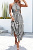 Floral Print Halter Neck Paneled Hollow Pleated Backless Maxi Dress