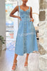 Perfect for Lunch Date Washed Button Back Smocked Pocket Denim Midi Dress