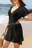 Simple V Neck Wavy Pattern Hollow Short Sleeved Cover Ups