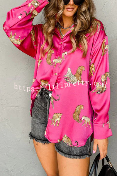 Unique and Bold Satin Cheetah Print Button Up Relaxed Blouse