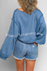 Lantern Sleeve Solid Color Round Neck Raw Edge Hoodie