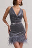 Focus of Activity Velvet Sparkling Detail Cowl Neck Feather Trim Mini Dress