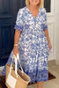 V Neck Floral Print Elastic Waist Maxi Dress