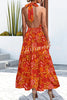 Floral Print Halter Neck Paneled Hollow Pleated Backless Maxi Dress