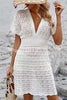 Simple V Neck Wavy Pattern Hollow Short Sleeved Cover Ups