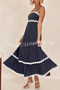 Bayside Beauty Wave Trim Patchwork Back Smocked Suspender Maxi Dress