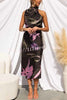 Delightful Charm Satin Floral Print High Neck Midi Dress