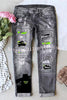 Black Girly Print Zip Button Washed Jeans