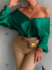 Sexy Long Sleeves Buttoned  V-Neck Satin Blouses&Shirts Tops
