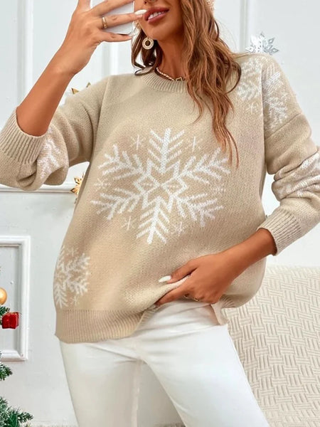 Festival Long Sleeves Snowflake Crochet Round-Neck Sweater Tops