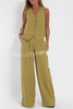 Eddie Linen Blend Button Vest and Elastic Waist Pocketed Wide Leg Pants Set