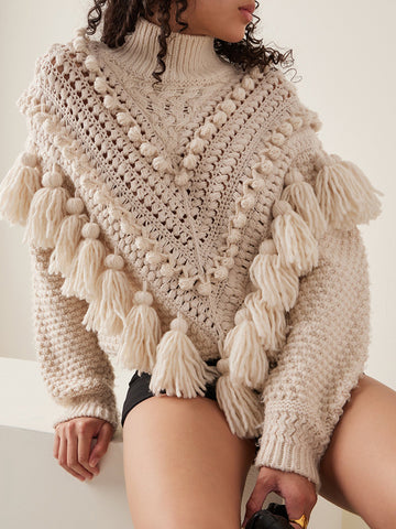 Bohemia Tasseled Crochet Jacquard Round-Neck Sweater Tops
