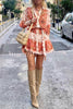 Gorgeous Spring Palace Print Button Smocked Sleeve Belt Mini Dress