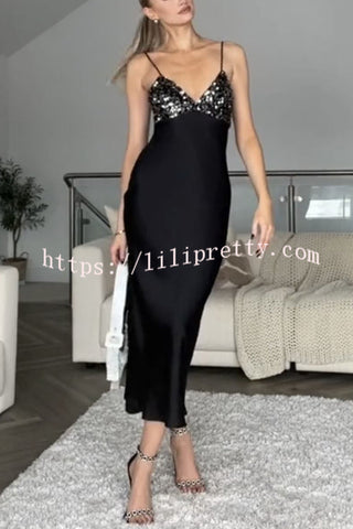 Party on My Mind Sequin Satin Patchwork Slip Stretch Midi Dress