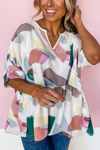 Print Cuffed Sleeves Peplum Blouse