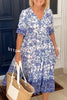 V Neck Floral Print Elastic Waist Maxi Dress